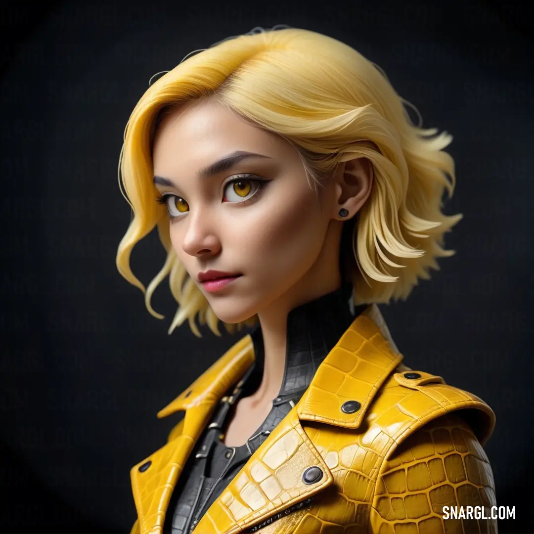 Woman with blonde hair and a yellow jacket on a black background. Color Goldenrod.