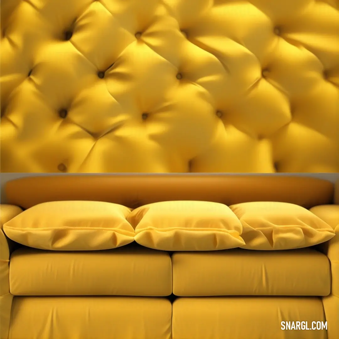 Yellow couch with pillows and a pillow case on top of it, with a white background. Color RGB 218,165,32.