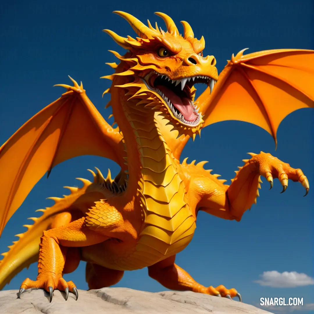 Yellow dragon statue on a rock in the sand with a blue sky in the background