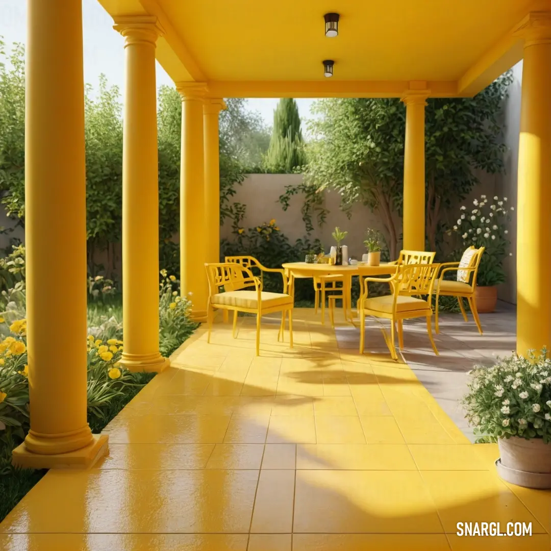 Goldenrod color. Yellow patio with yellow chairs and yellow tables and flowers on the side of the walkway and a wall