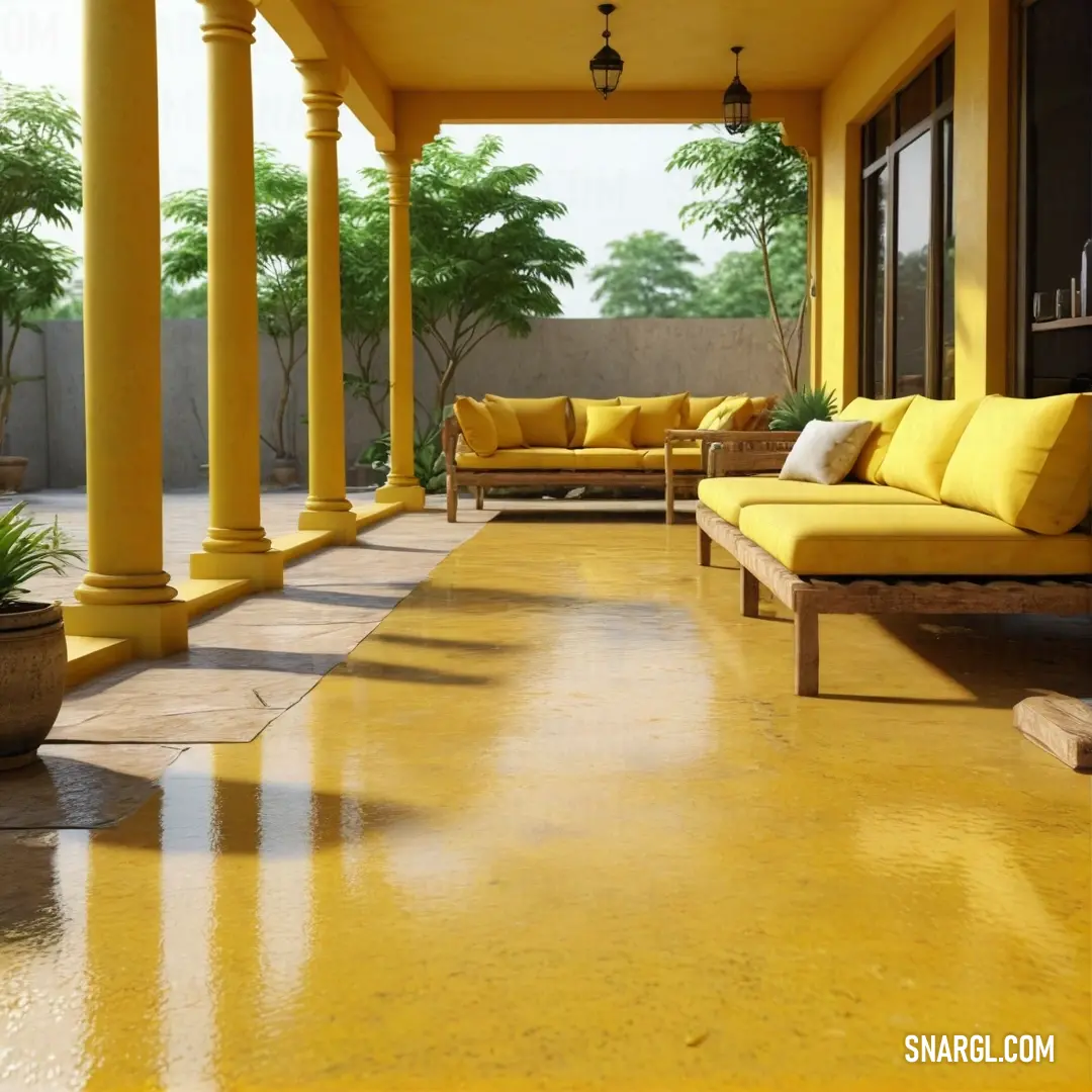 Goldenrod color example: Yellow porch with yellow cushions and a yellow sofa on the porch and a potted plant on the side