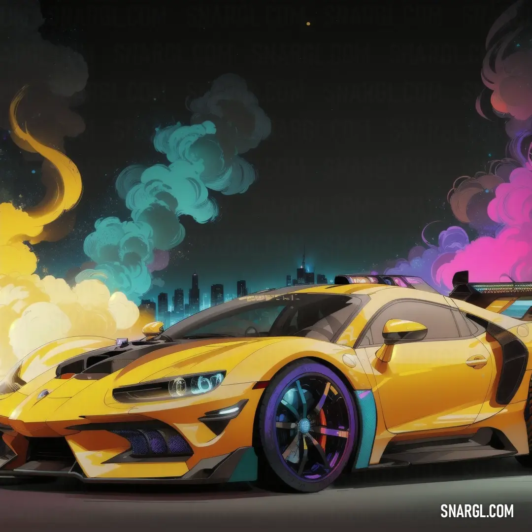 Yellow sports car with smoke coming out of it's exhaust pipes and a city skyline in the background