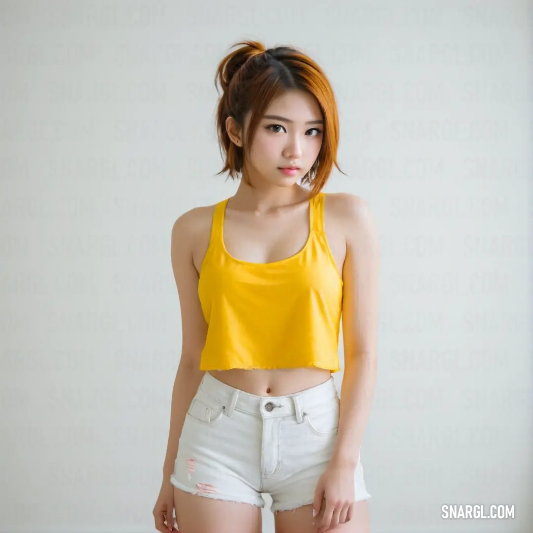 Young woman in a yellow top posing for a picture with her hands in her pockets