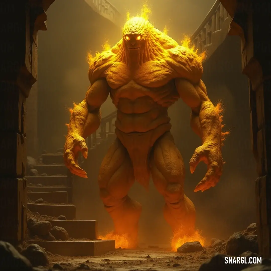 A powerful Goldstone Golem exudes energy as yellow flames dance around it, framed by a doorway and mysterious stairs that beckon to hidden adventures and untold stories waiting in the depths behind. A formidable Goldstone Golem igniting the scene with vibrant yellow flames, positioned defiantly in a doorway. Stairs lead to an enigmatic realm beyond, enhancing the sense of adventure and danger lurking just out of sight.