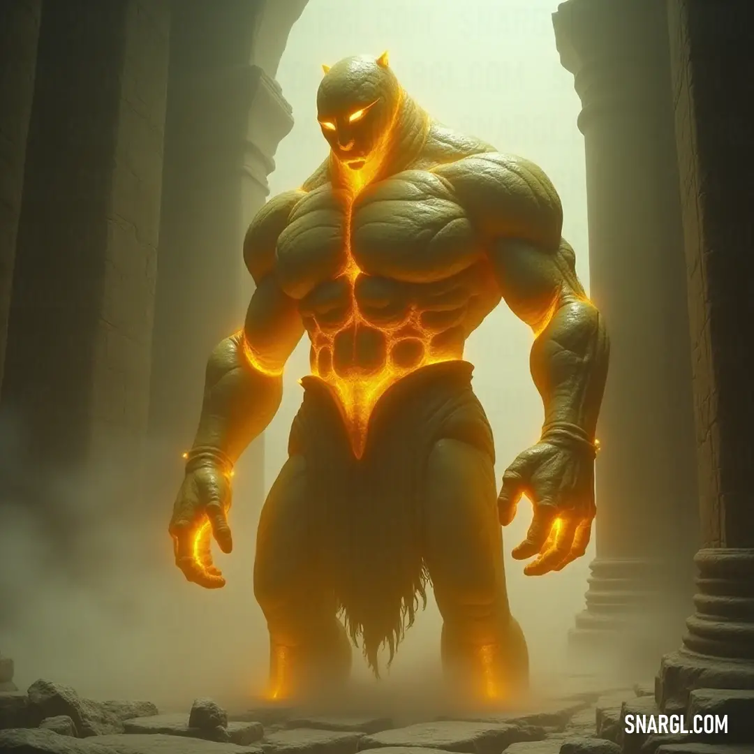 A fearsome Goldstone Golem with an ominous demeanor dominates a foggy realm, its glowing eyes casting an eerie light amidst the ancient columns, evoking stories of forgotten legends and dark mysteries. An imposing Goldstone Golem with a demonic form lurks within a fog-laden landscape, glowing eyes piercing through the mist, while ancient columns rise majestically around it, creating an aura of mystery and foreboding.