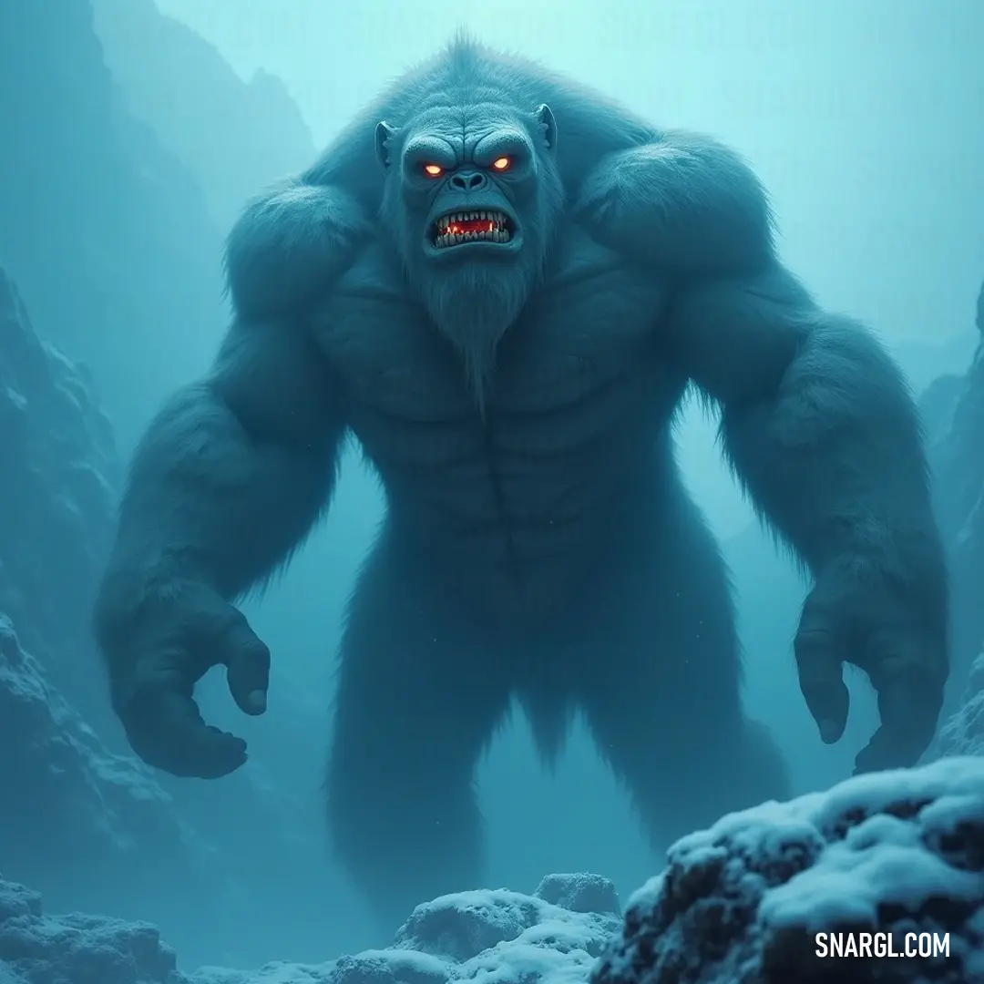 A massive, furry golem with piercing glowing eyes towers over the snow-covered terrain, surrounded by rugged rocks, embodying strength and the untamed beauty of a winter landscape.