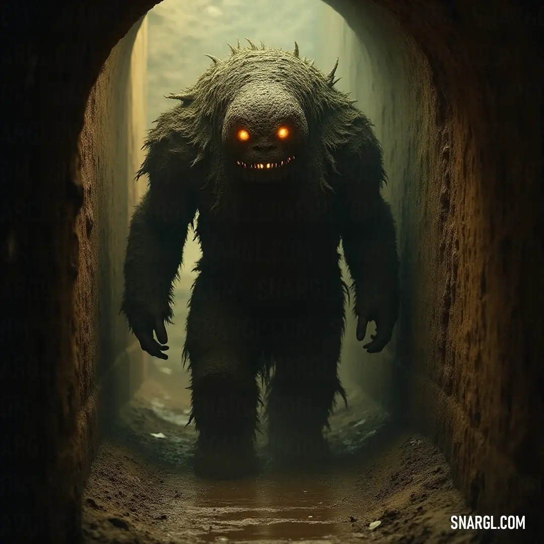A mysterious creature, resembling Bigfoot, strides through a dimly lit tunnel, glowing eyes piercing the darkness and a haunting grin revealing secrets untold, evoking a chilling atmosphere.