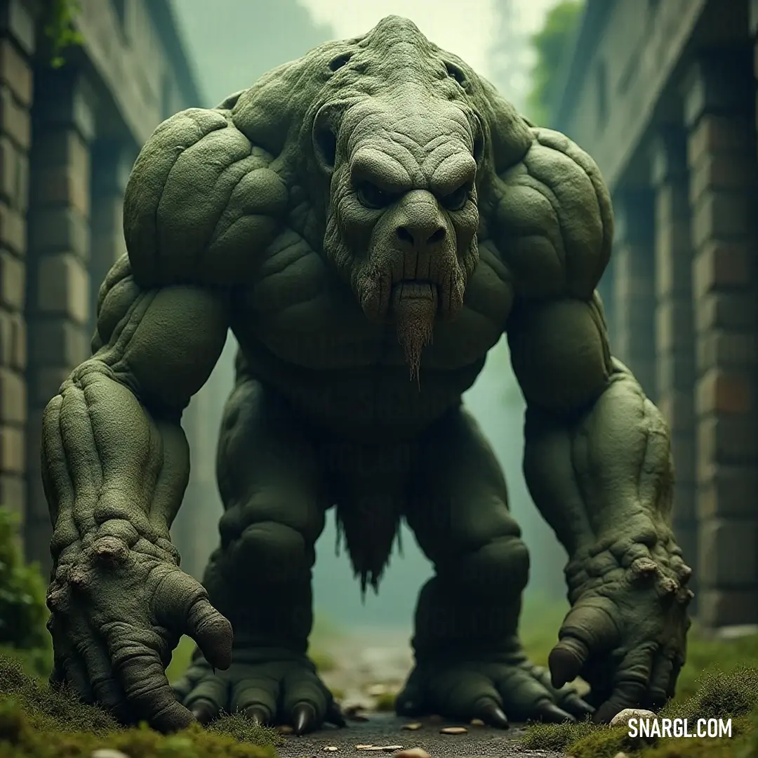 Standing proudly in a charming courtyard, this Giant Golem of Eternity showcases its long nose and robust legs. The picturesque brick building in the background adds a historical touch to this striking figure of strength and grandeur.
