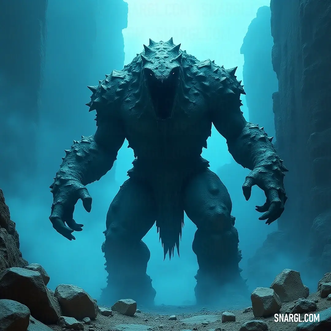 The mighty Giant Golem of Eternity stands tall within a dimly lit cave, its mouth open wide as if to unleash a roar. Shadows dance around, enhancing its imposing figure, making the atmosphere rich with anticipation and intrigue.