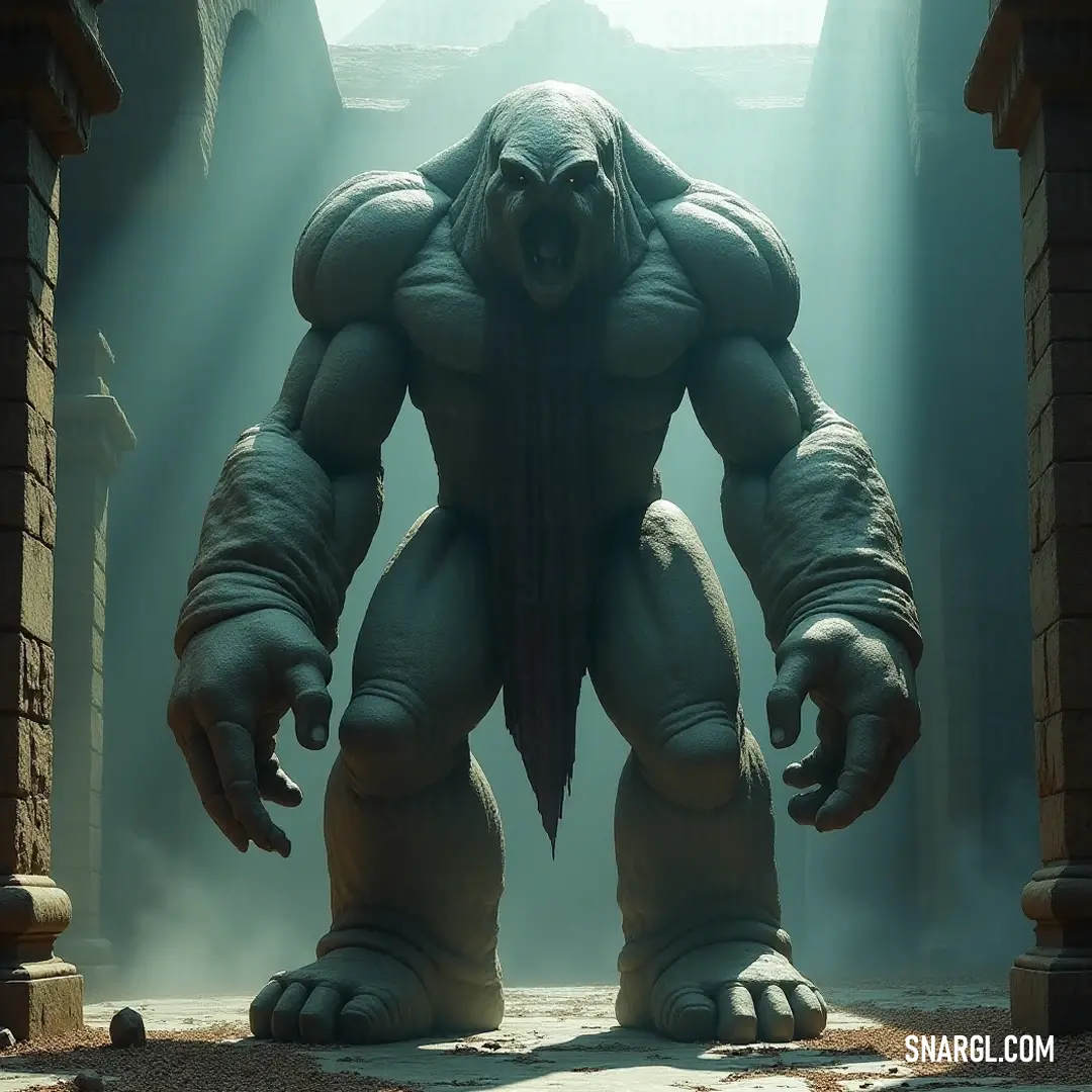 The Giant Golem of Prague looms impressively in a doorway, illuminated dramatically as light casts its fierce gaze upon its formidable face and limbs, embodying a guardian spirit of ancient tales.