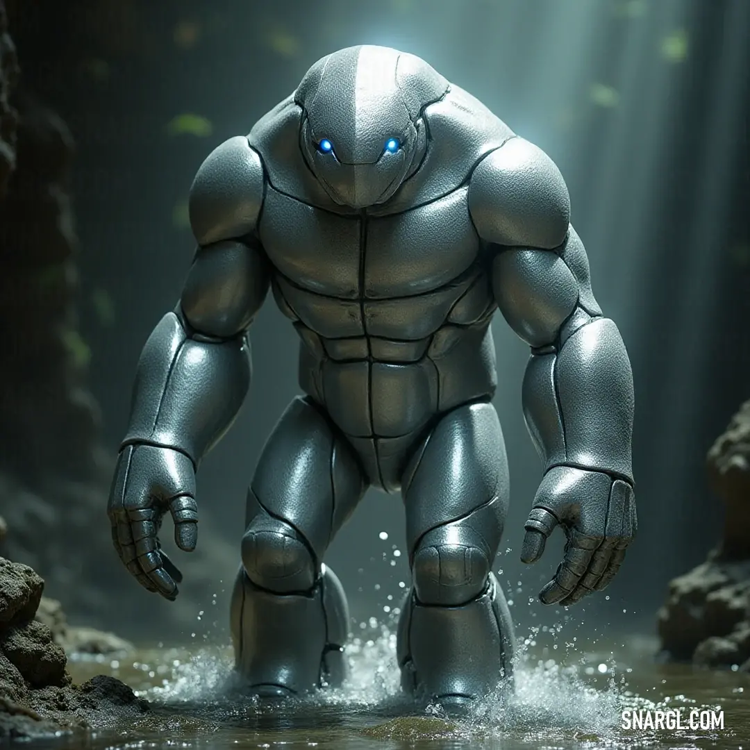 The enchanting Golem of Reflection, gazing into the depths of still water, its eyes aglow in radiant blue, creating an aura of calm amidst its formidable form. A mystical Golem of Reflection stands amidst tranquil waters, its ethereal figure illuminated by a soft glow in its piercing blue eyes, hands casually tucked into its pockets, exuding a serene yet powerful presence.