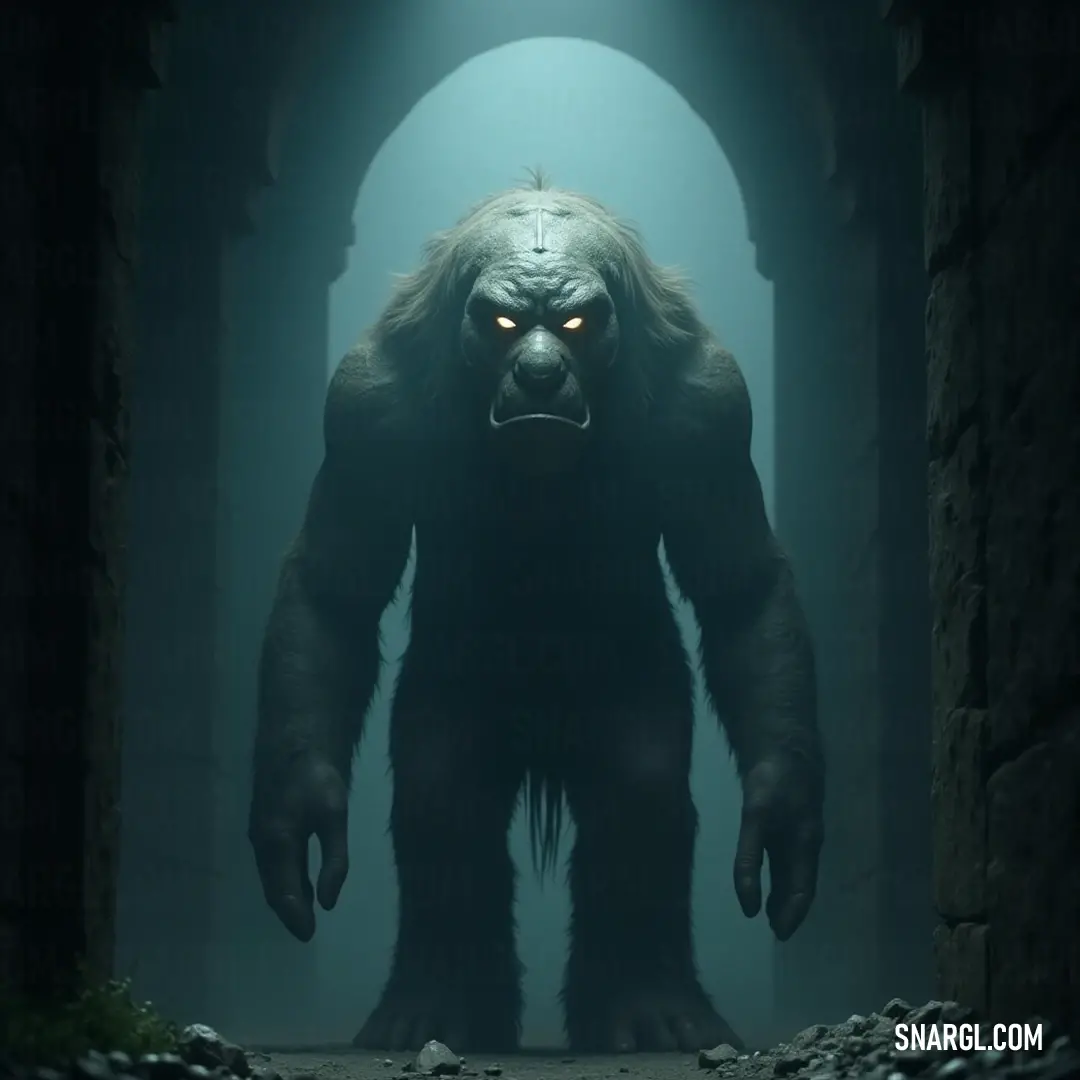 Mysterious Bigfoot in a Tunnel Bathed in Light A mysterious Bigfoot stands ominously in a shadowy tunnel, illuminated by a harsh beam of light that casts eerie shadows across its face, emphasizing its unsettling expression and wild fur.