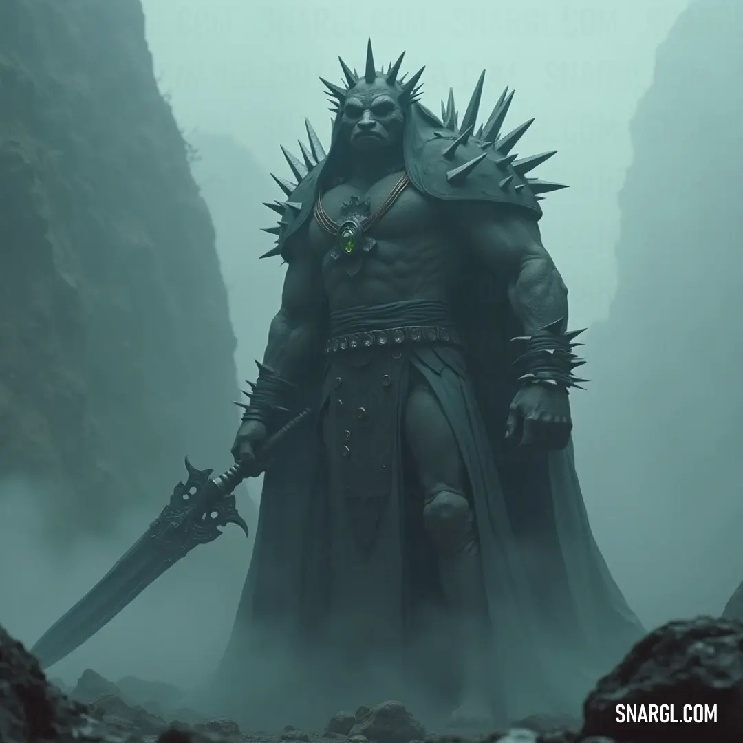 The fearsome Golem of the Abyssal Depths, cloaked in dark, tattered garments, clutches a menacing sword amidst a thick fog that swirls around, hinting at mystery and danger lurking in an uncharted territory.