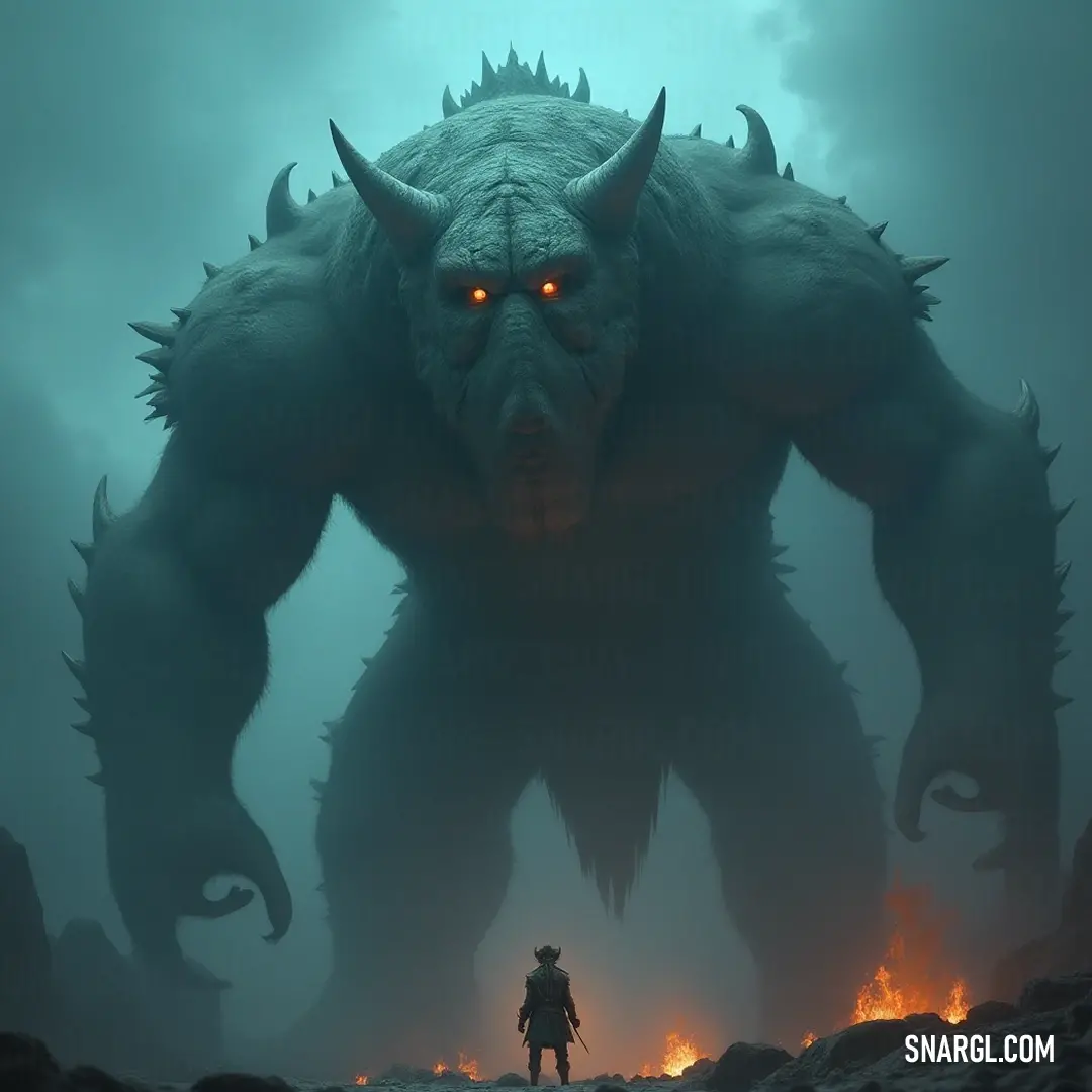 The Golem of the Citadel confronts an imposing giant monster, wrapped in a layer of fog that adds an air of suspense and adventure to this captivating scene. The Golem of the Citadel stands resolute before a towering, menacing monster, enveloped in swirling fog, creating a scene filled with suspense that hints at an epic confrontation on the horizon.