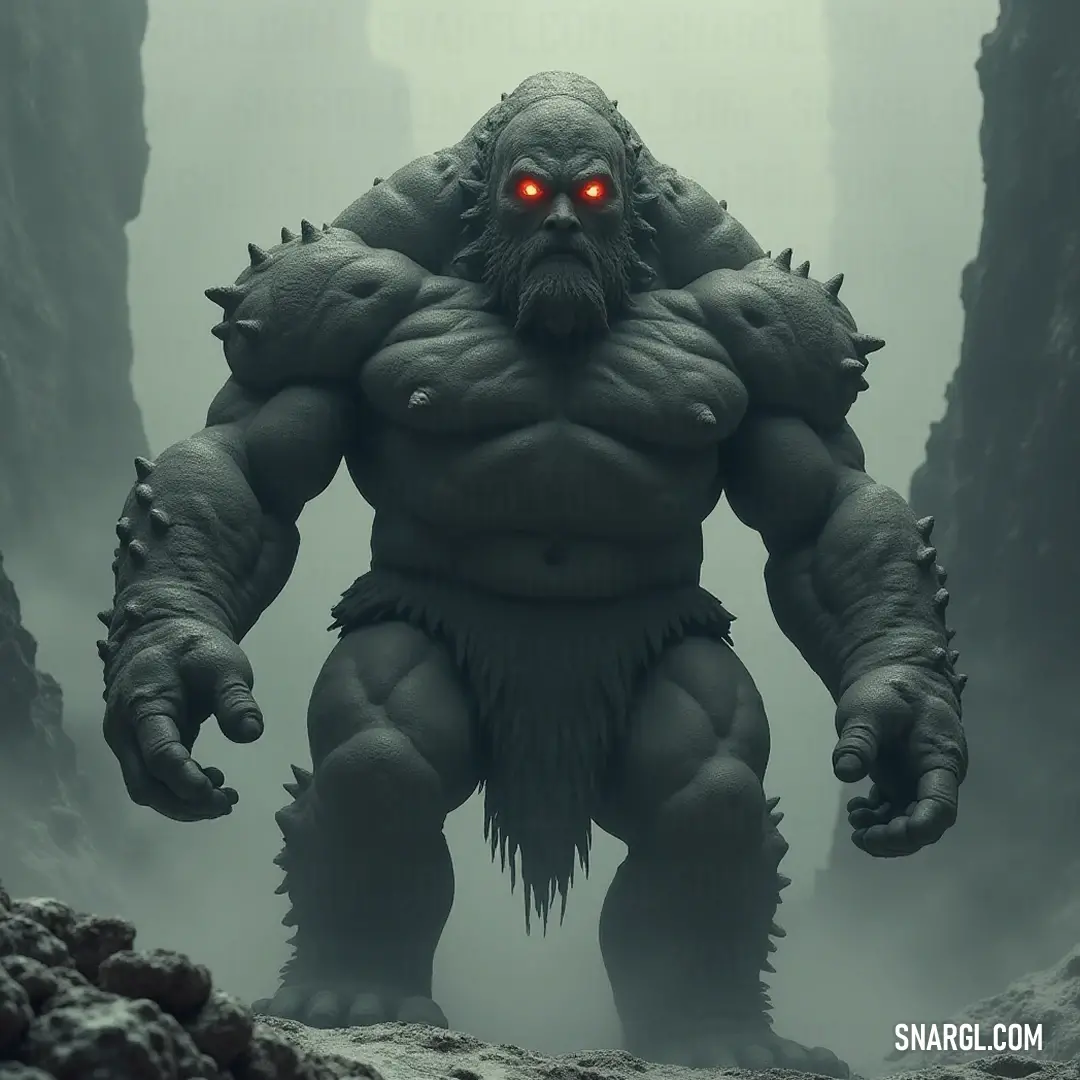 The fearsome Giant Golem commands the cavern, echoing ancient myths with its fierce gaze. A Giant Golem from Jewish Mysticism looms ominously, its red eyes glowing fiercely in a dark cave, the rugged rocks mirroring the ancient legends that give it life.