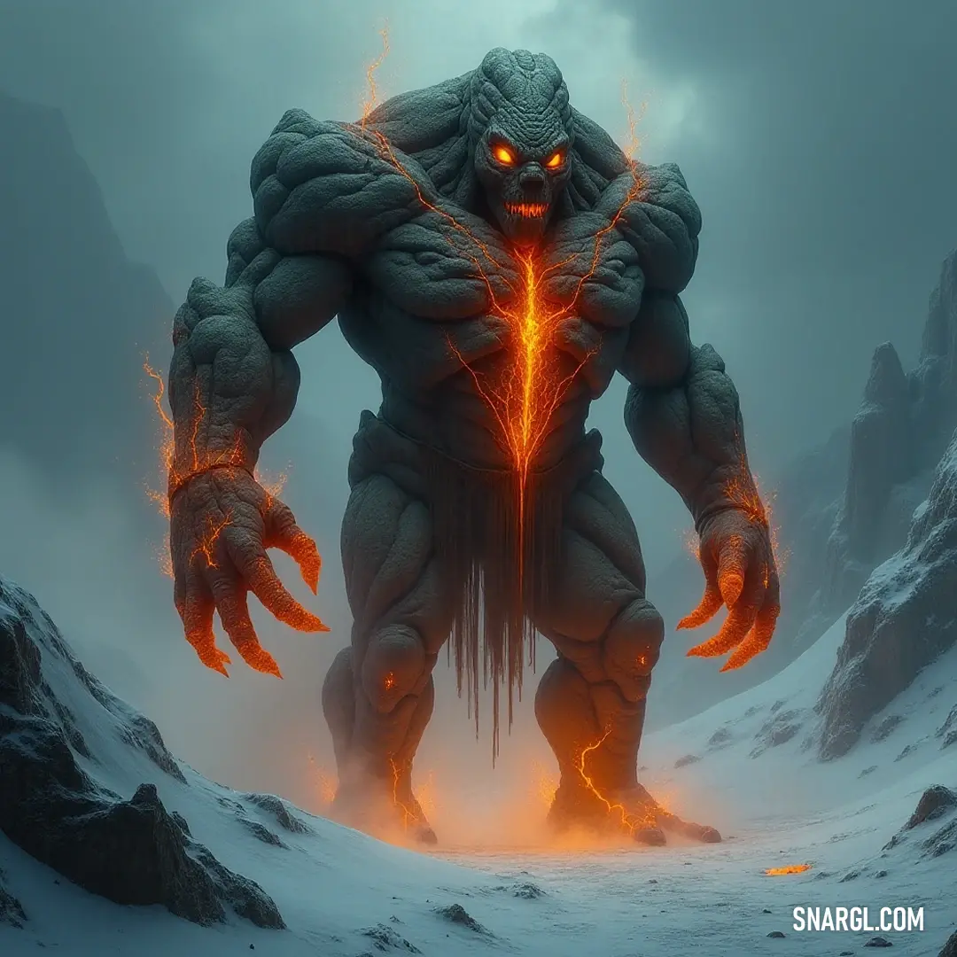 A towering Giant Golem of the Rift stands majestically in a snowy landscape, its glowing eyes piercing the serene atmosphere, with a stunning backdrop of snow-capped mountains that reflect the beauty of an untouched wilderness.