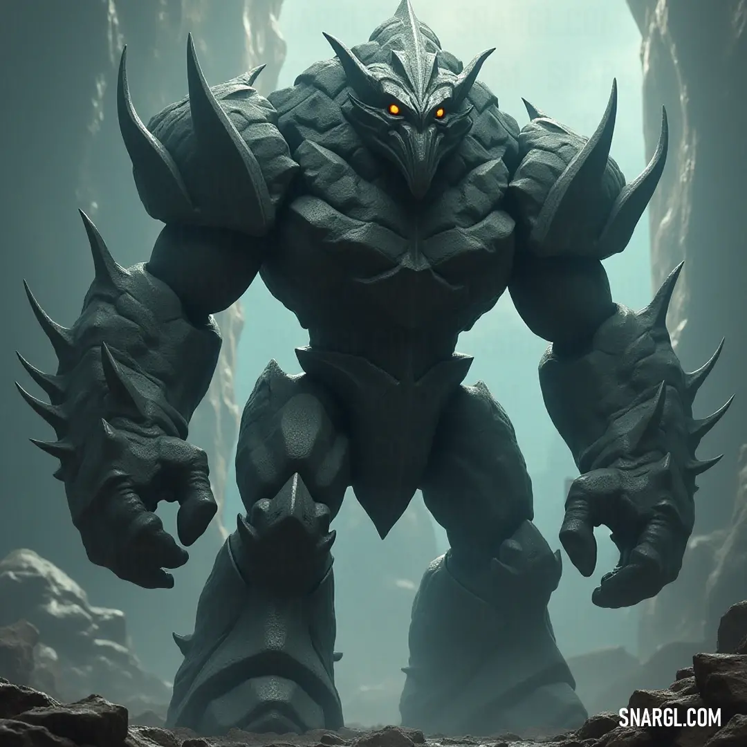 Imposing Giant Golem of the Storm, keeper of thunderous power in a cave. The Giant Golem of the Storm, towering with its glowing yellow eyes, stands firm amid a rocky cave, ready to harness the tempestuous powers of lightning and thunder.