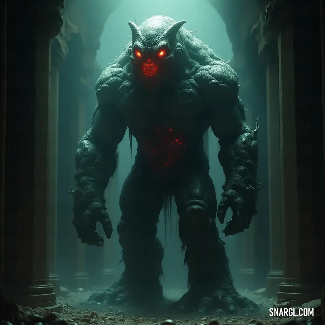 Awe-inspiring Giant Golem of Tides in a mysterious dark chamber. A stunning Giant Golem of Tides, with radiant red eyes, stands prominently in a dark chamber illuminated by flickering shadows, an awe-inspiring figure brimming with ancient power.