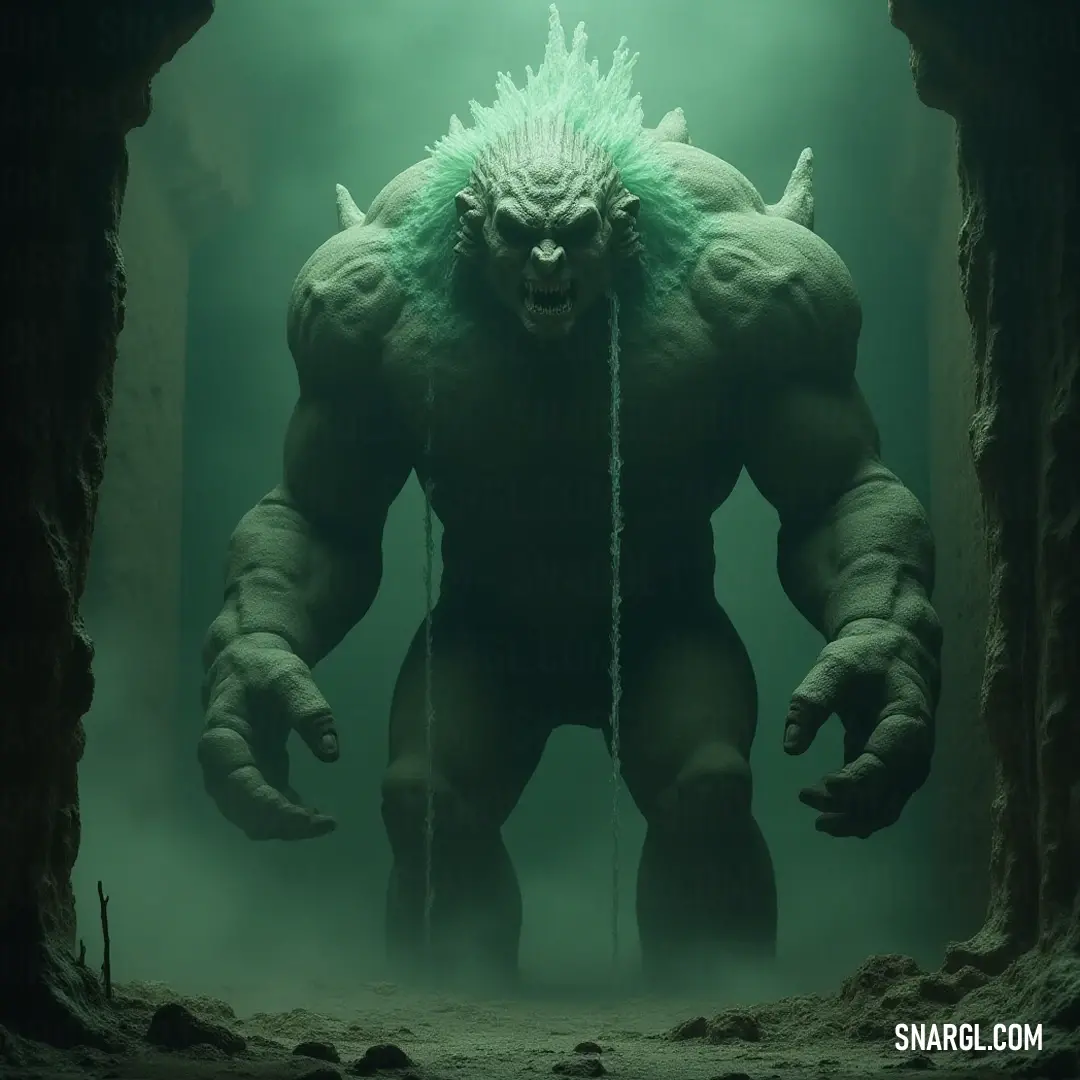 Colossal Giant Golem of Tides in a misty cave setting. A colossal Giant Golem of Tides, bound by a chain, stands amidst a cave where foggy waters lap against rocky edges, a creature of myth dwelling in a realm where sea and stone converge.