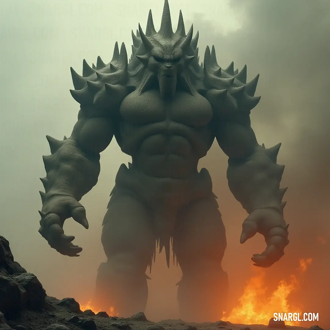 A colossal golem forged from ancient stone towers above a fiery battlefield, its mouth agape in a fierce roar, claws poised for action, with swirling flames illuminating the smoldering landscape and a dramatic sky overhead.
