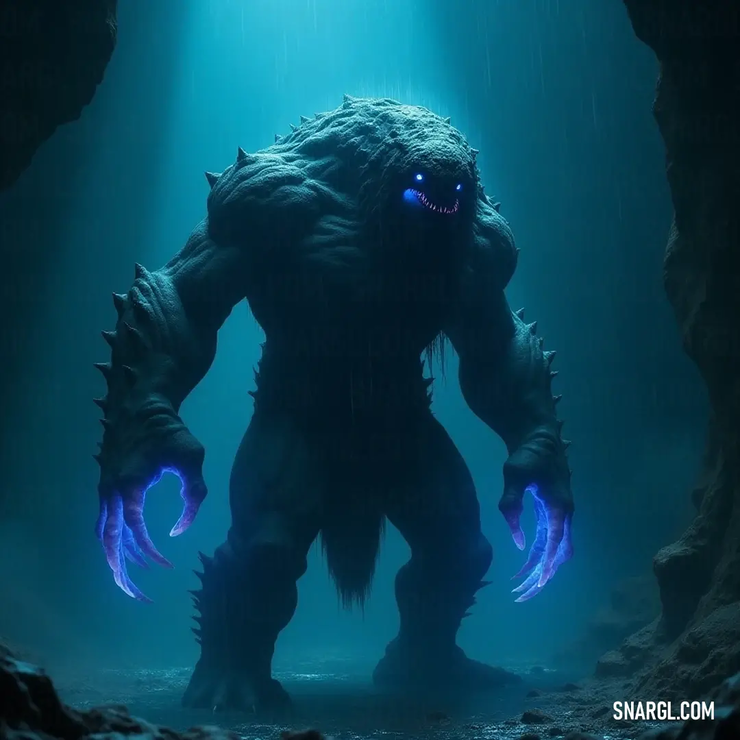 A majestic Giant Golem of Twilight, with glowing blue eyes, dominates a shadowy cave as a solitary light stream reveals its formidable form and intricate stonework. A towering Giant Golem of Twilight with mesmerizing blue eyes stands majestically in a dark cave, where a single beam of light enhances its rugged features and highlights the ancient stone texture of its body.