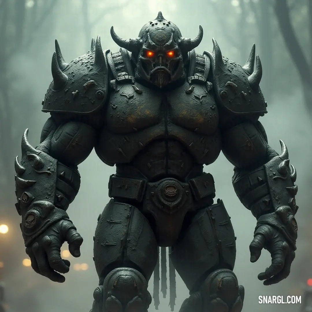 The formidable Golem of Vengeance, adorned with horns and glowing red eyes, stands as a harbinger of power and revenge in the eerie wilderness. A mighty Golem of Vengeance towers over the landscape, its imposing figure illuminated by an eerie red light emerging from its deep-set eyes, filled with ancient fury.
