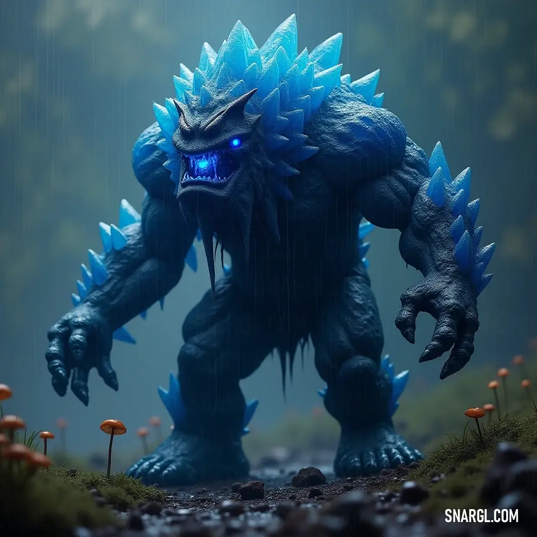A striking Golem of Vengeance with piercing blue eyes and fearsome spikes adorning its head, stands amid a rainy scene with vibrant mushrooms dotting the landscape.