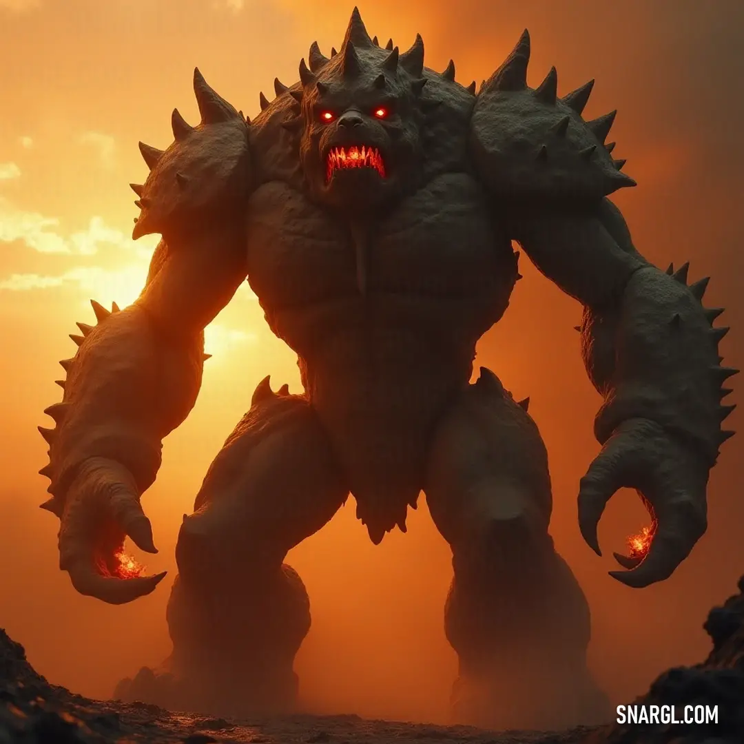 The powerful Giant Golem of Wrath with glowing eyes and prominent spikes, standing tall as a beacon of strength and fury. The Giant Golem of Wrath, distinguished by its eerie glowing eyes and spiky facial features, looms ominously, embodying raw power and fury in its imposing stature.