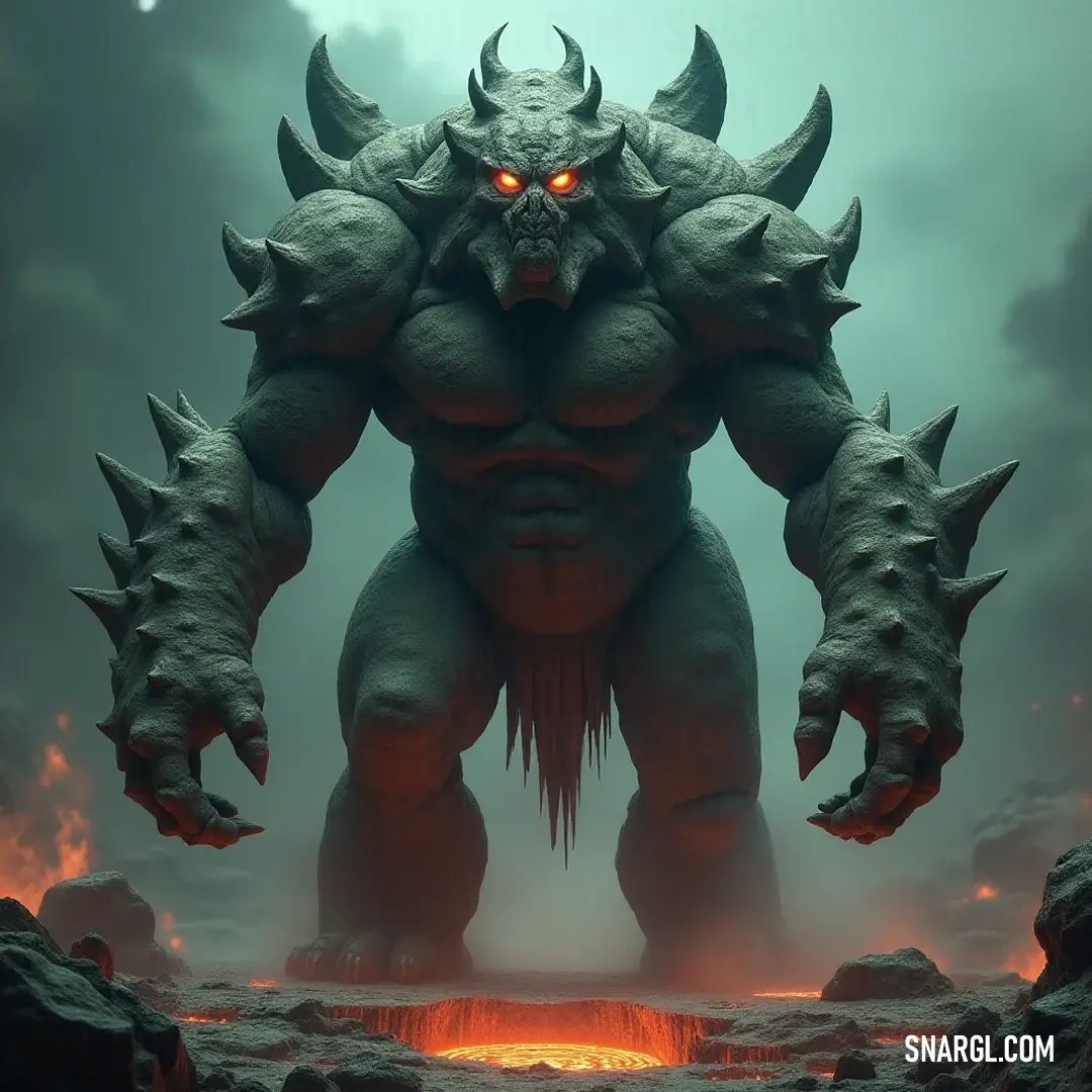 A formidable Golem of Wrath stands in a rocky terrain, its horned head framed by flames, exuding an aura of power and destruction. A colossal Golem of Wrath towers in a rugged landscape, its fierce horns silhouetted against an inferno in the background, embodying the fury and chaos of its fiery domain.