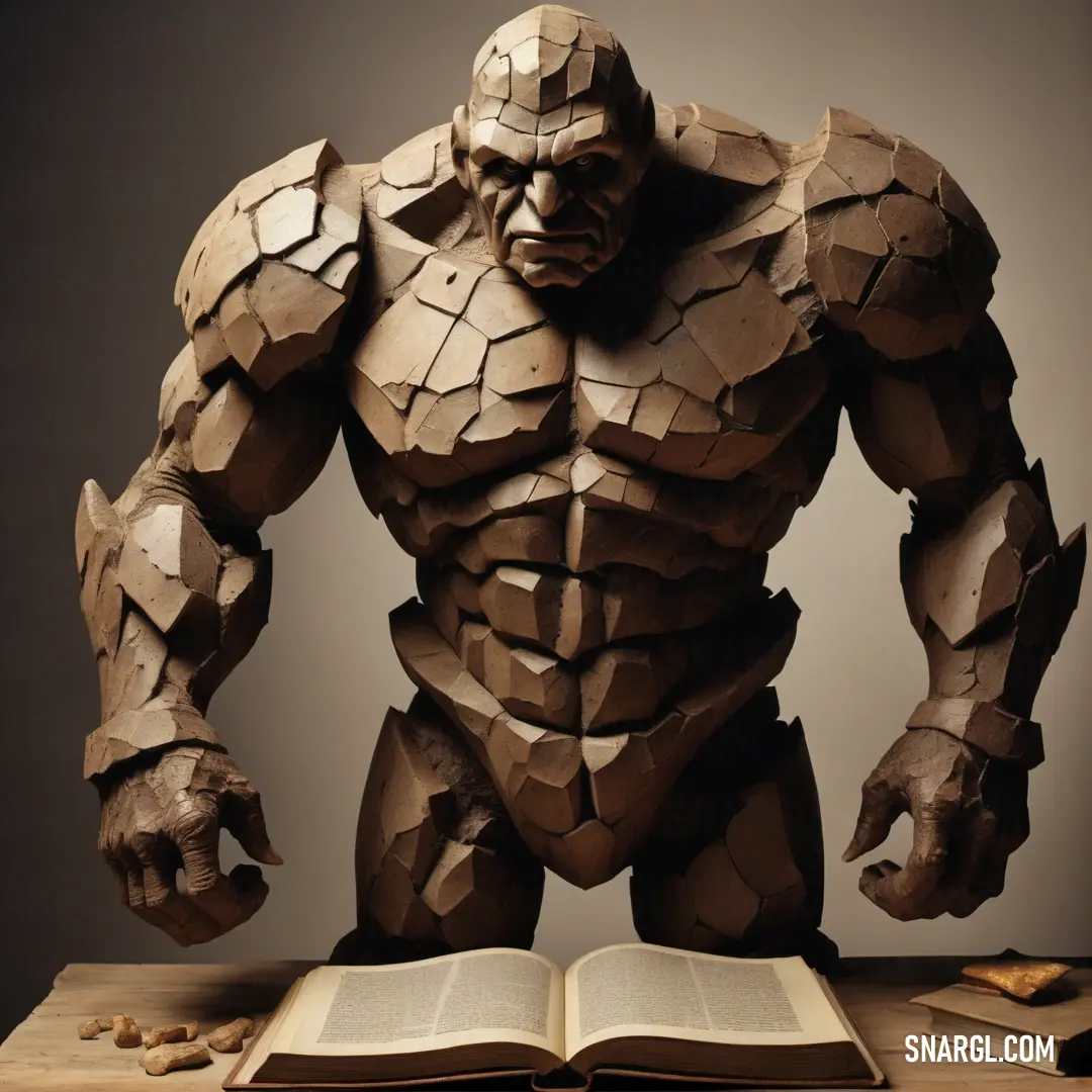 Book is open on a table with a giant male Golem made out of paper