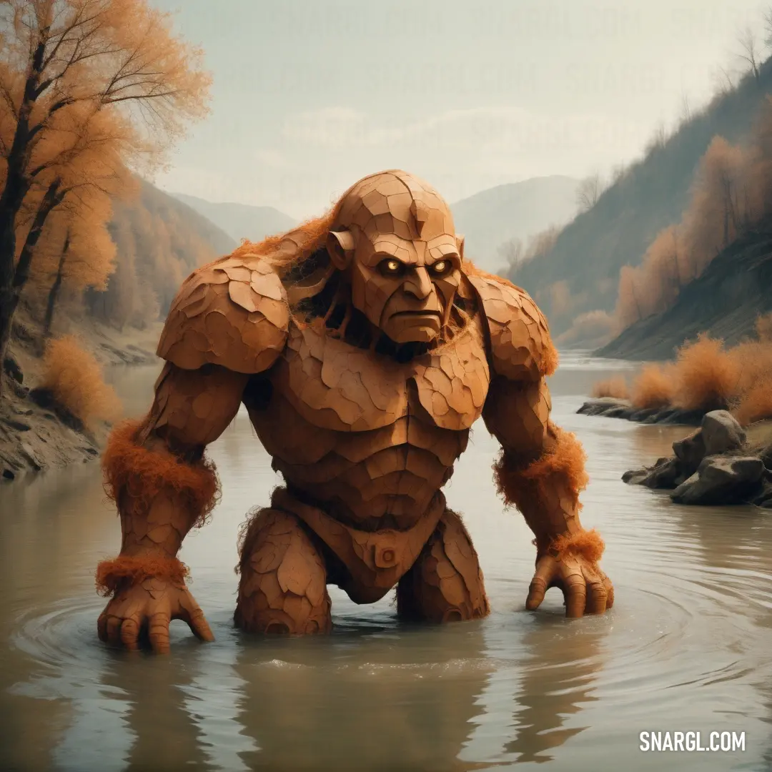 Giant Golem standing in a body of water with trees in the background