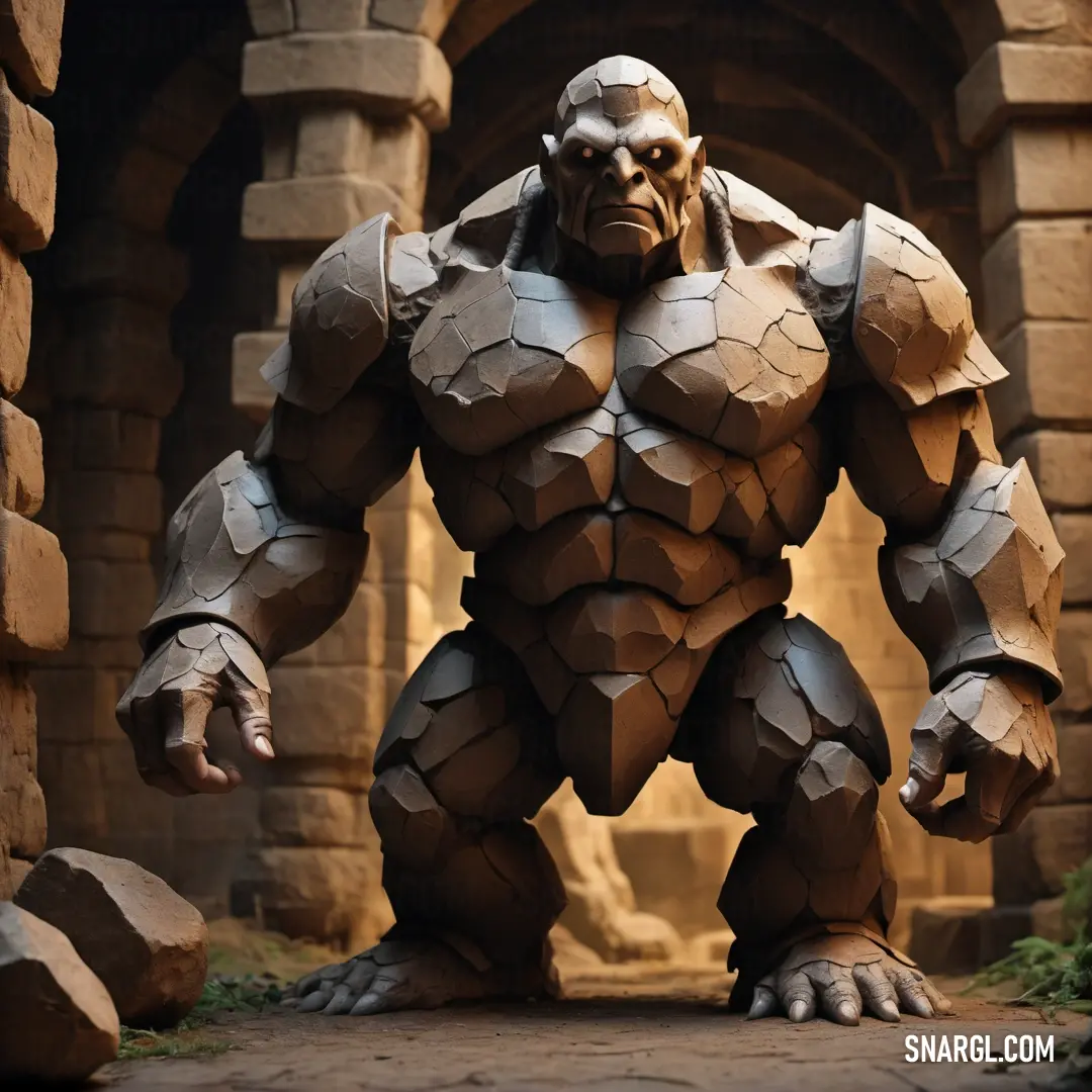 Giant Golem statue is standing in a stone archway with a stone wall behind it