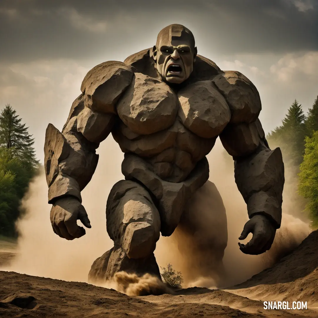 Giant male Golem is running through the dirt in a scene from the movie the incredible hulk - male Golem