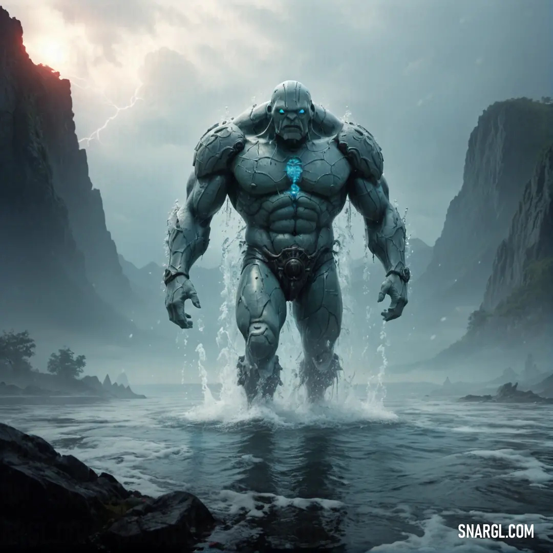 Giant male Golem standing in the water with a blue light on his face and chest