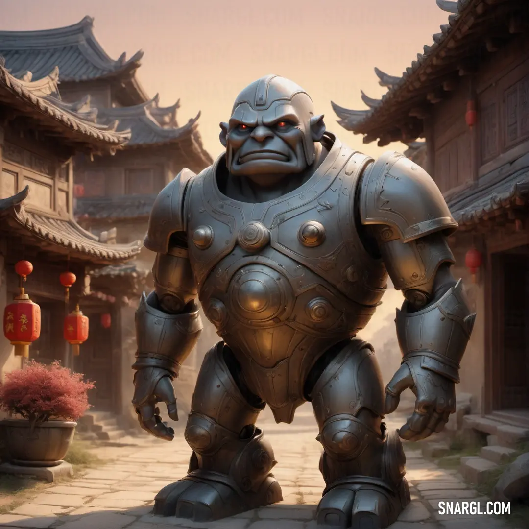 Giant Golem standing in a courtyard of a chinese building with lanterns