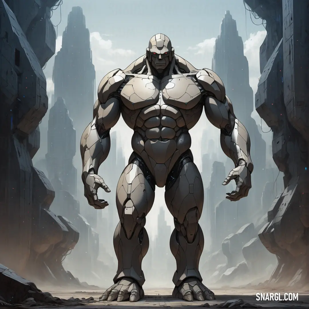 Giant Golem standing in a futuristic city with a huge head and arms