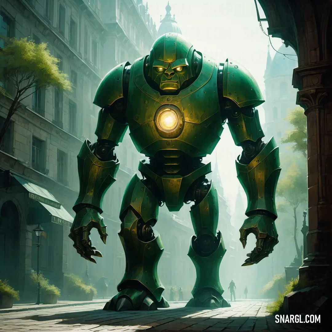 Giant Golem standing in a city street next to a tall building with a light on it's face