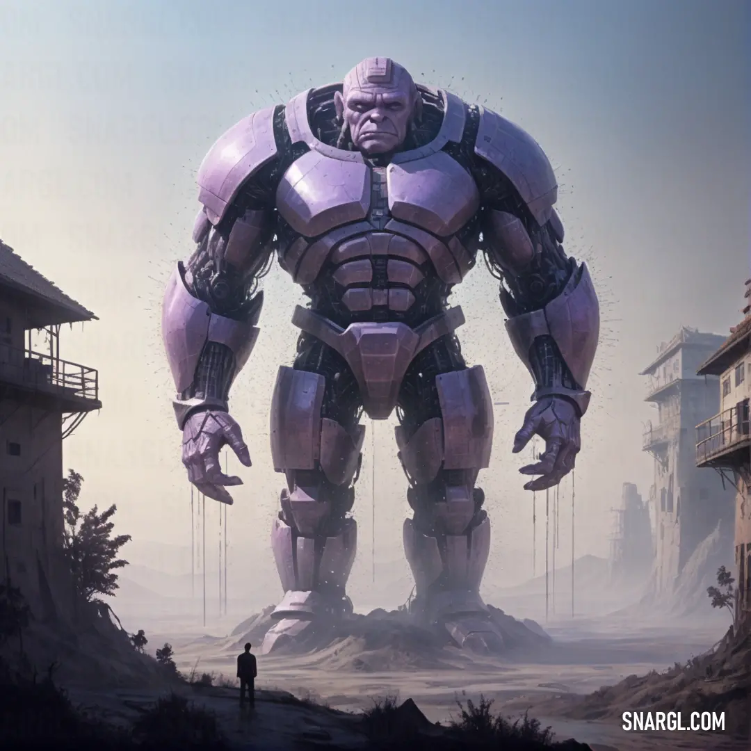 Giant Golem standing in a desert area with a man standing next to it in front of a building