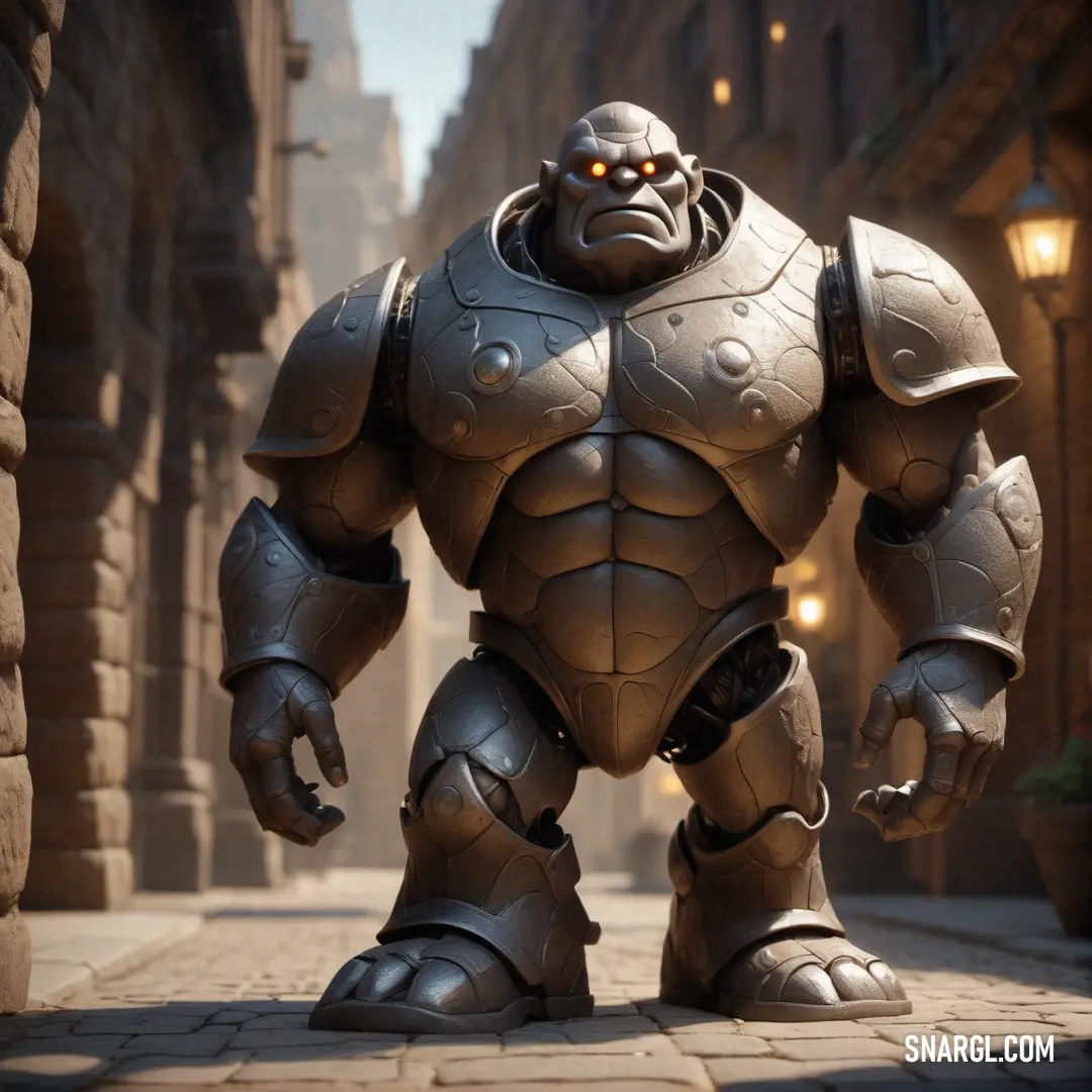 Giant Golem standing in a city street with a light on it's head and a giant body of metal