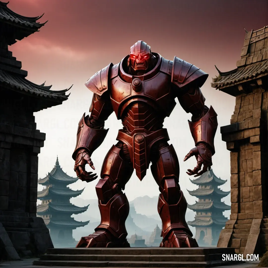 Giant Golem standing in front of a castle with a sky background and a red light in the middle