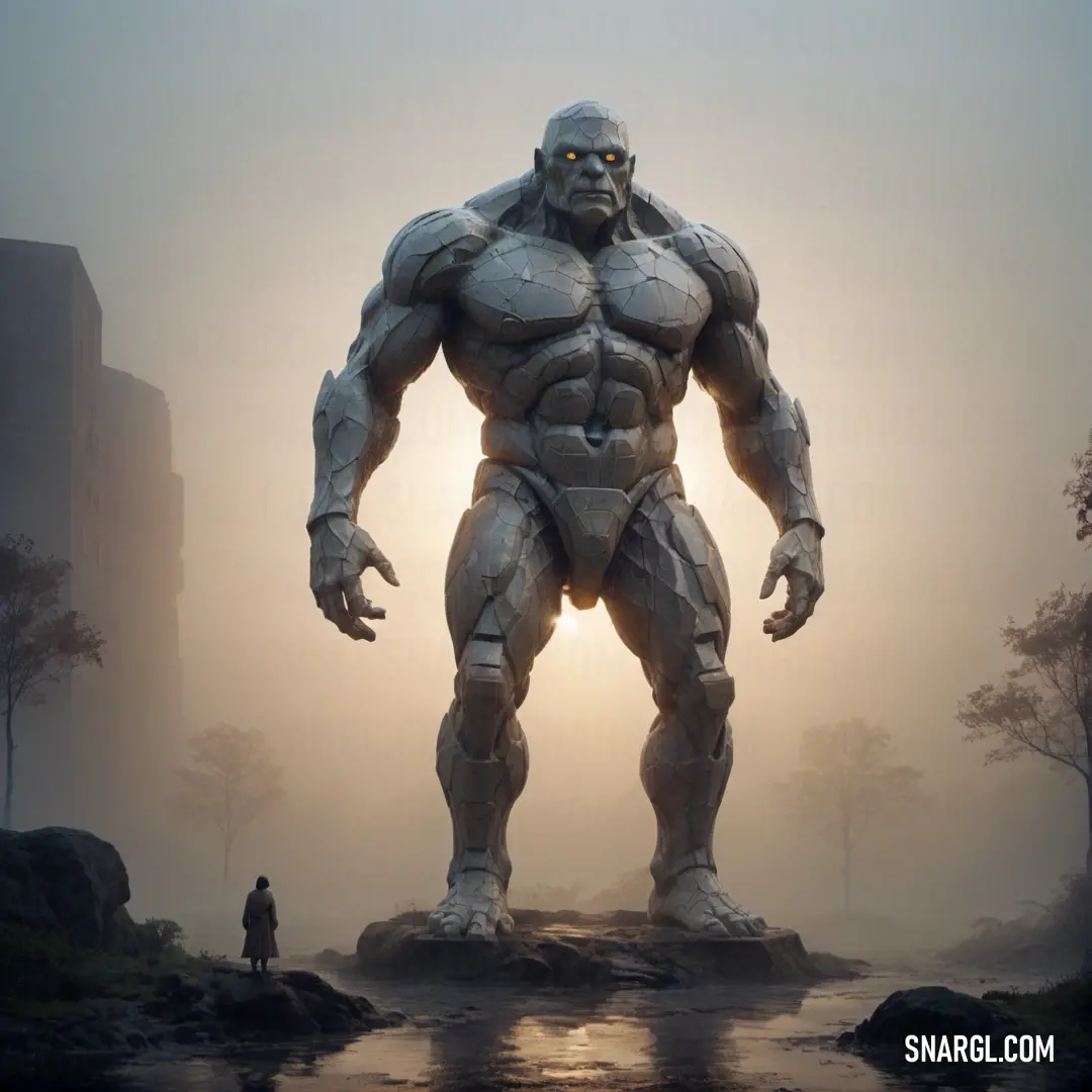 Giant Golem standing in the middle of a foggy field with a person standing next to it in front of a building