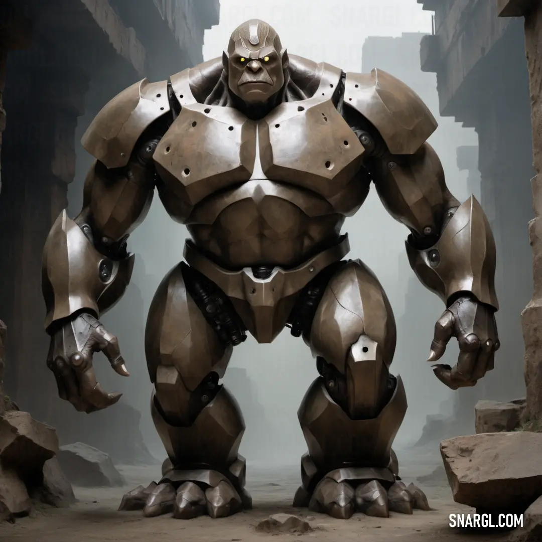 Giant Golem standing in a stone tunnel with a giant head on it's back legs and a huge body of metal