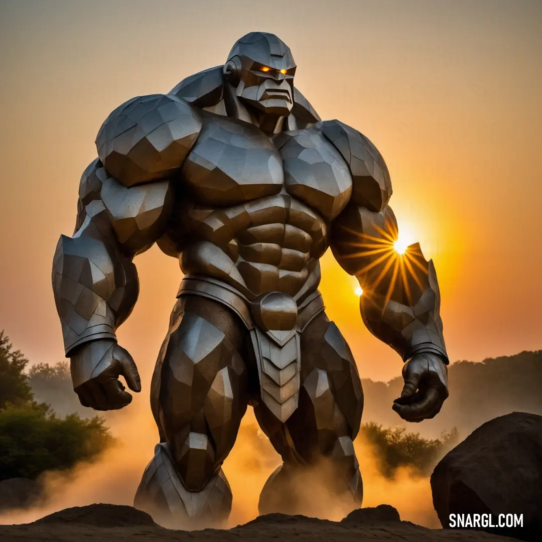 Giant silver male Golem standing in the middle of a field with the sun setting behind him and a tree in the foreground