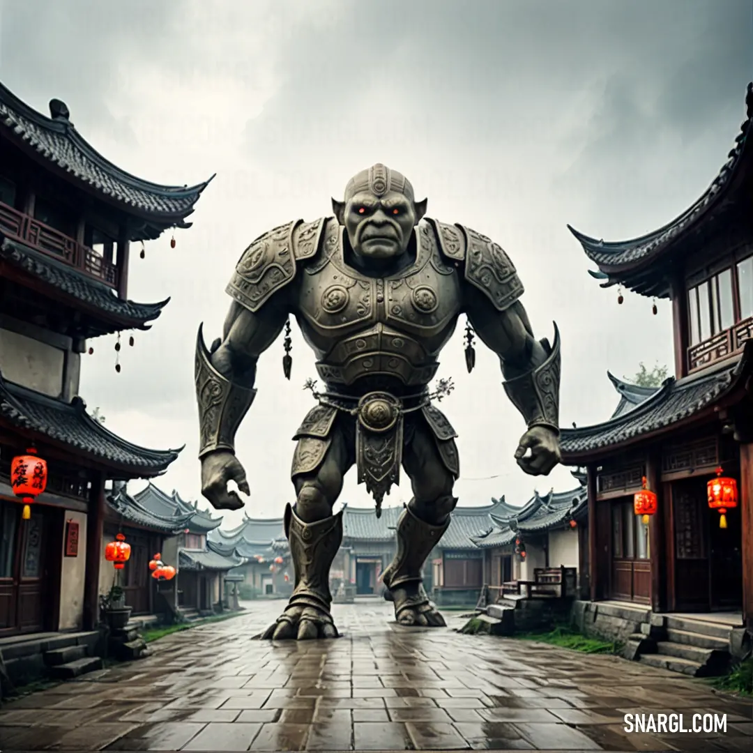 Giant statue of a giant male Golem in a courtyard of a chinese temple with lanterns on the roof and a sky background