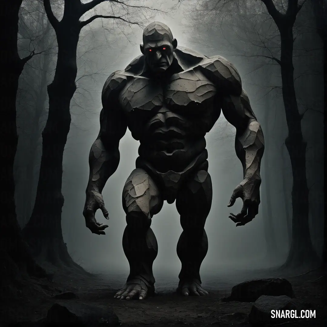Golem man in a creepy forest with a creepy face