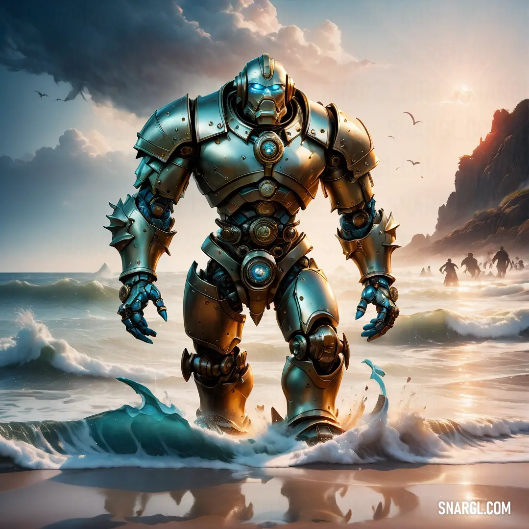 Golem standing in the ocean with a man in the background in a surrealistic painting style