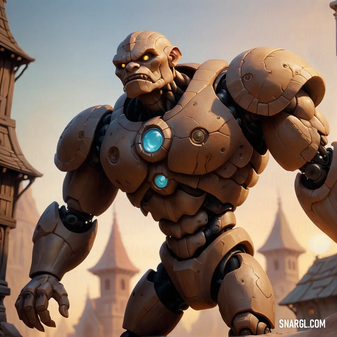 Golem with glowing eyes standing in front of a castle with a clock tower in the background