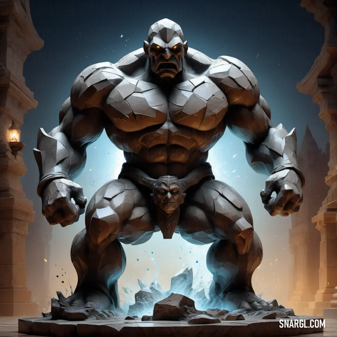 Stylized image of a giant, muscular male Golem in a fantasy setting with a lantern light in the background