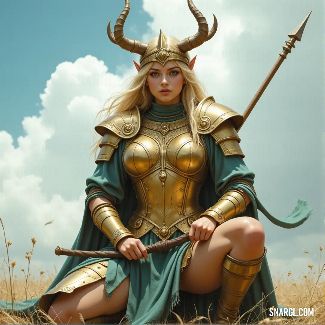 Göndul, wearing a horned costume, kneels in the snow beside her sword, her gaze firm and calm, ready to rise at a moment’s notice. Göndul, in an elaborate costume with horns on her head, kneels in the snow, sword resting beside her. Her surroundings are calm, but the warrior's quiet strength speaks volumes in the cold winter air.