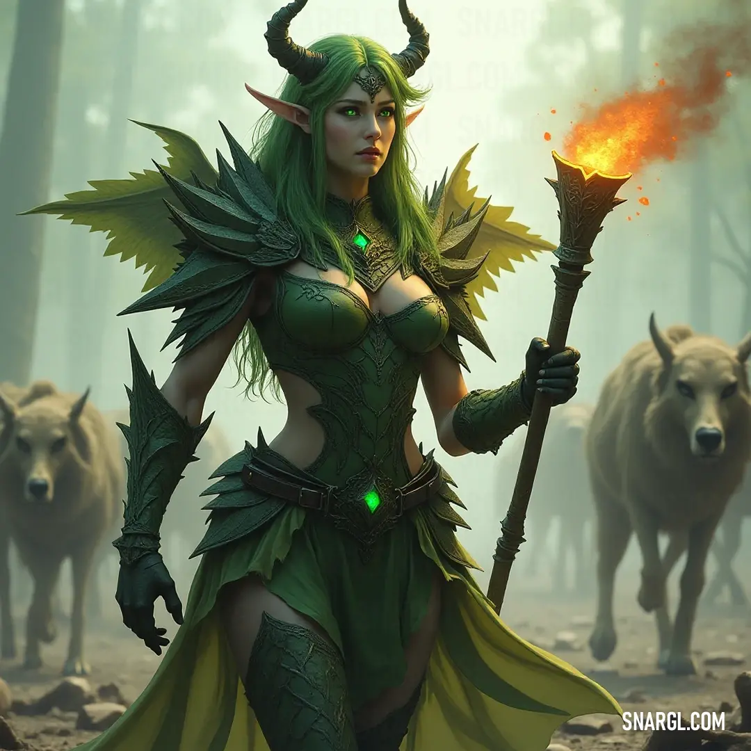 An adventurous figure in green, holding a flame and stick amidst a whimsical forest. A captivating figure dressed in a vibrant green attire stands ready in a forest, brandishing a stick and flame in her hand, while curious cows observe her from a distance, adding a sense of whimsy to the scene.